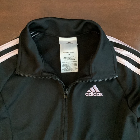 Adidas Black and Pink Track Jacket Zip Up Front 3 Stripe - Girls Size 6 - Picture 2 of 7